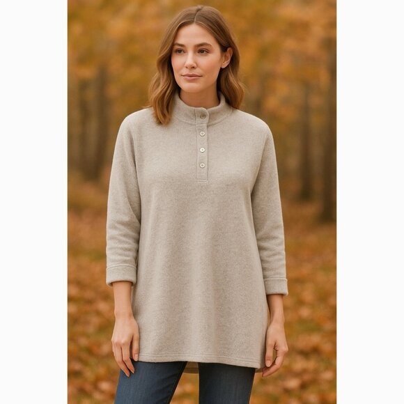 Soft Surroundings Women’s Small Petite Cozy Sweater Gray Henley Button Mock Neck - Picture 1 of 7